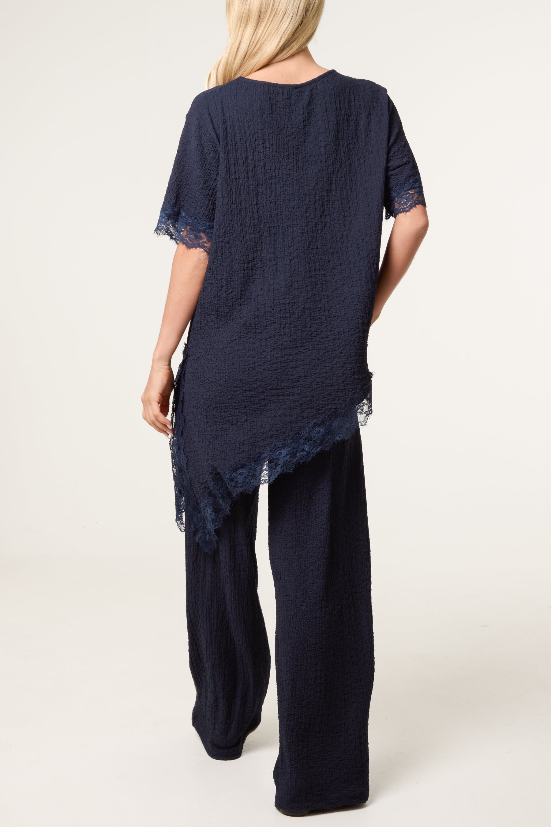 Asymmetric Lace Hem Top & Wide Leg Trousers