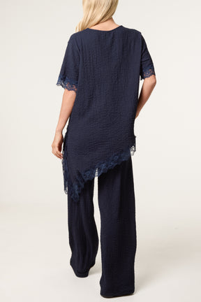 Asymmetric Lace Hem Top & Wide Leg Trousers