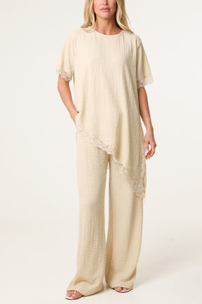 Asymmetric Lace Hem Top & Wide Leg Trousers