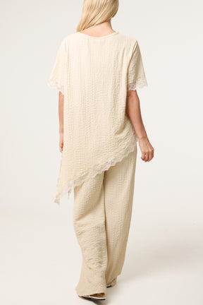 Asymmetric Lace Hem Top & Wide Leg Trousers