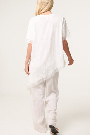 Asymmetric Lace Hem Top & Wide Leg Trousers