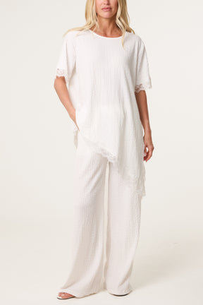 Asymmetric Lace Hem Top & Wide Leg Trousers