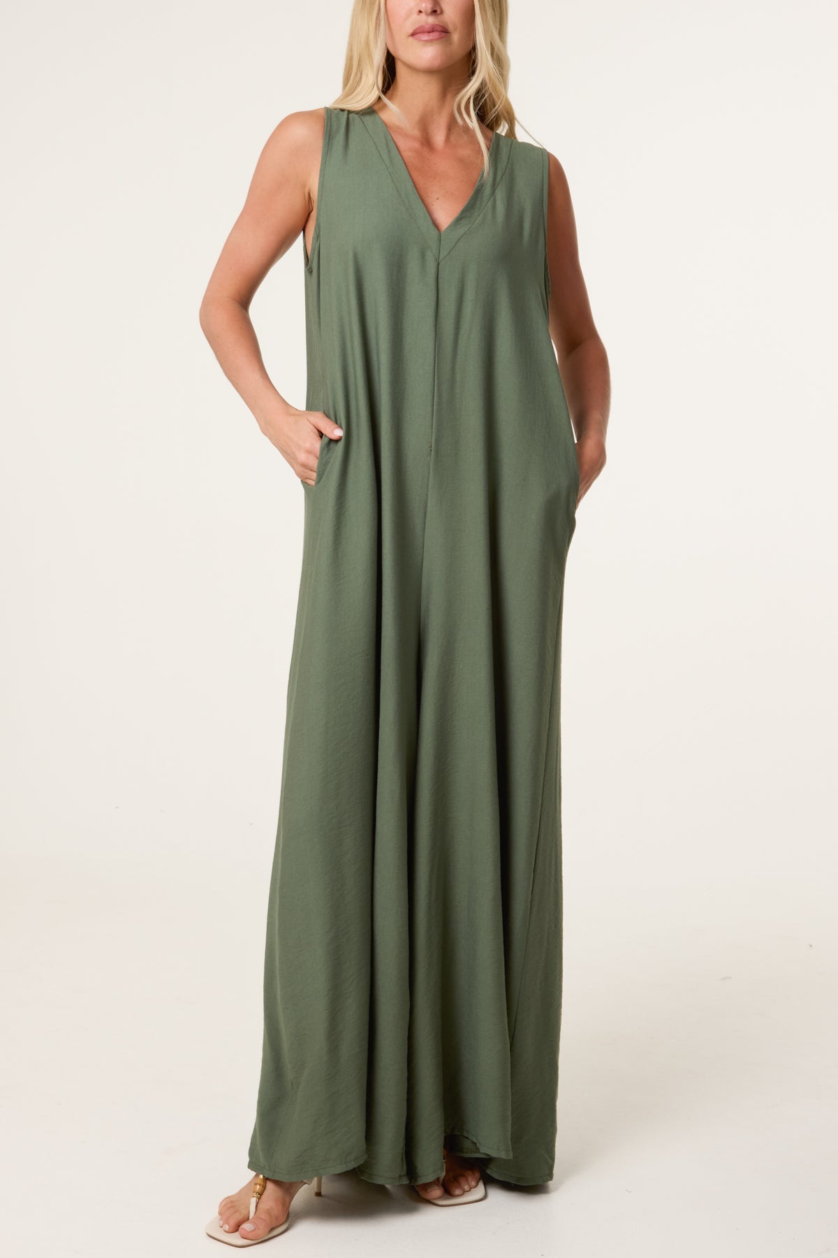 V-Neck Pockets Wide Leg Jumpsuit