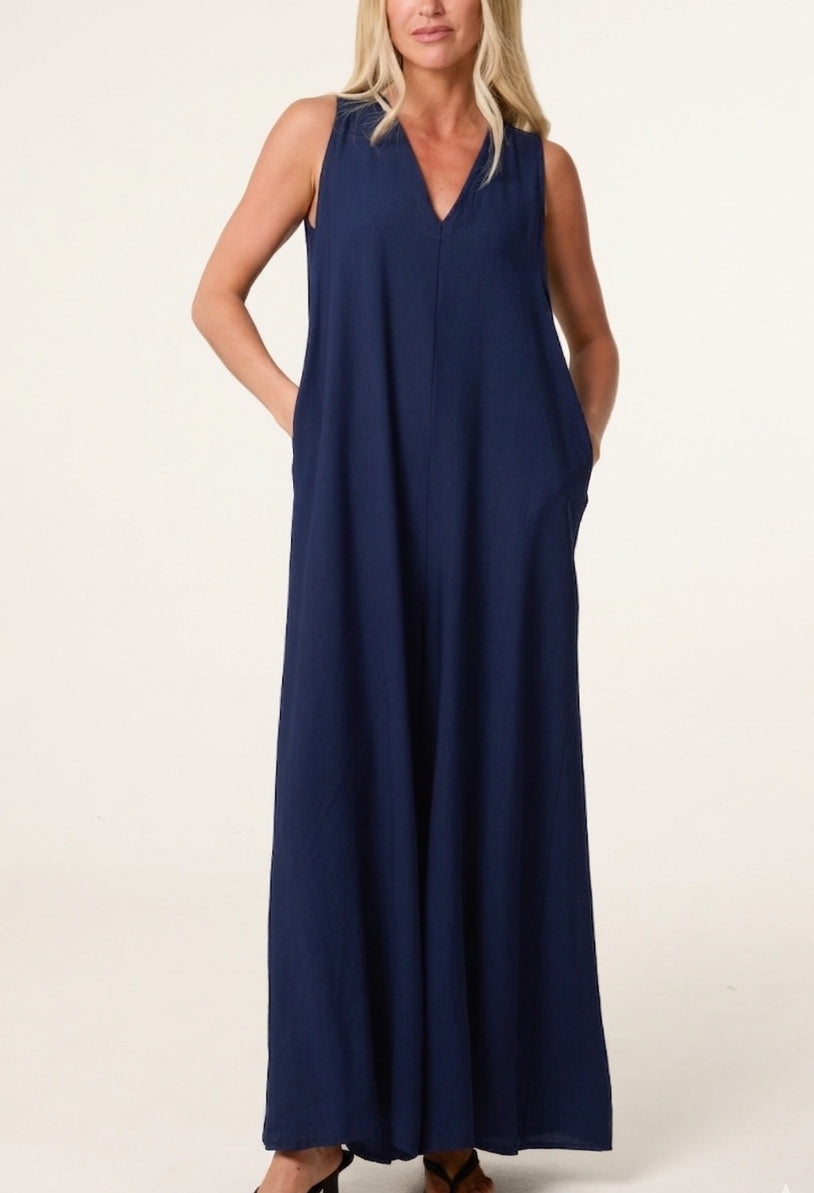V-Neck Pockets Wide Leg Jumpsuit