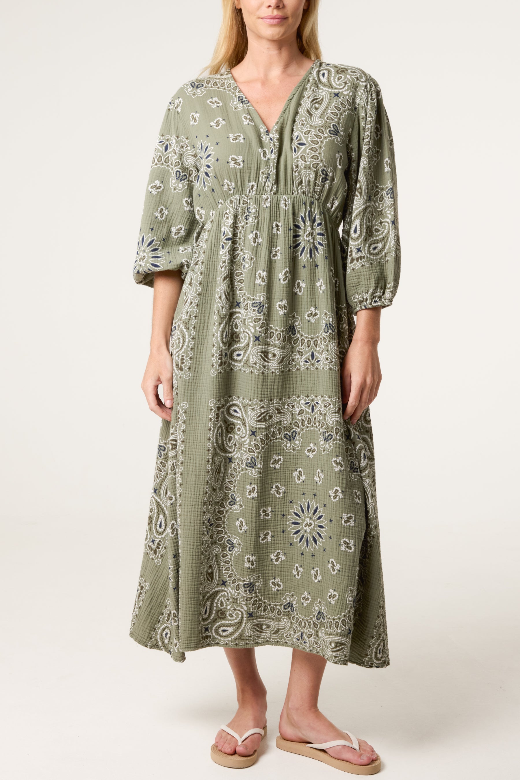 V-Neck Puff Long Sleeve Bandana Dress