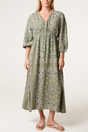V-Neck Puff Long Sleeve Bandana Dress