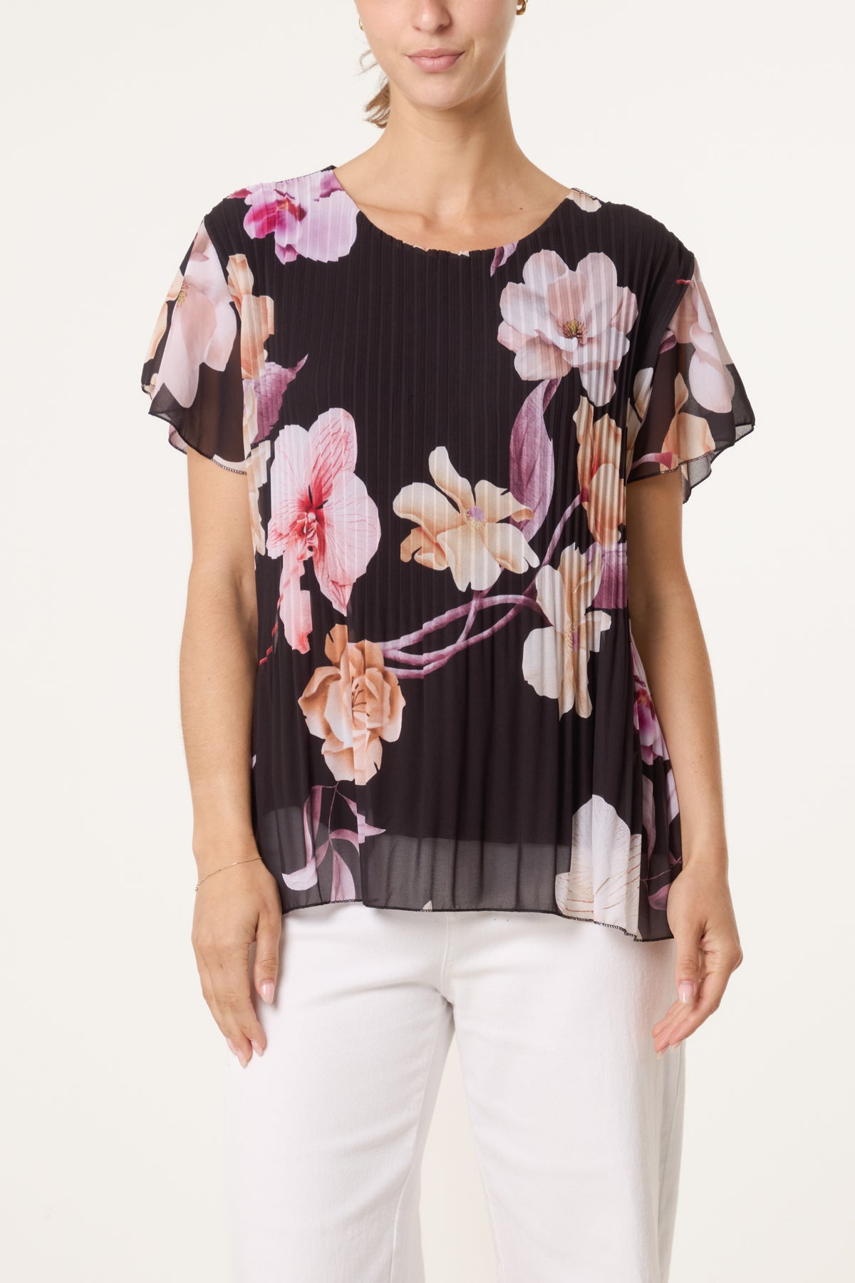 Floral Plisse Short Sleeve Blouse