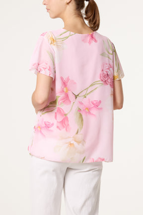 Floral Plisse Short Sleeve Blouse