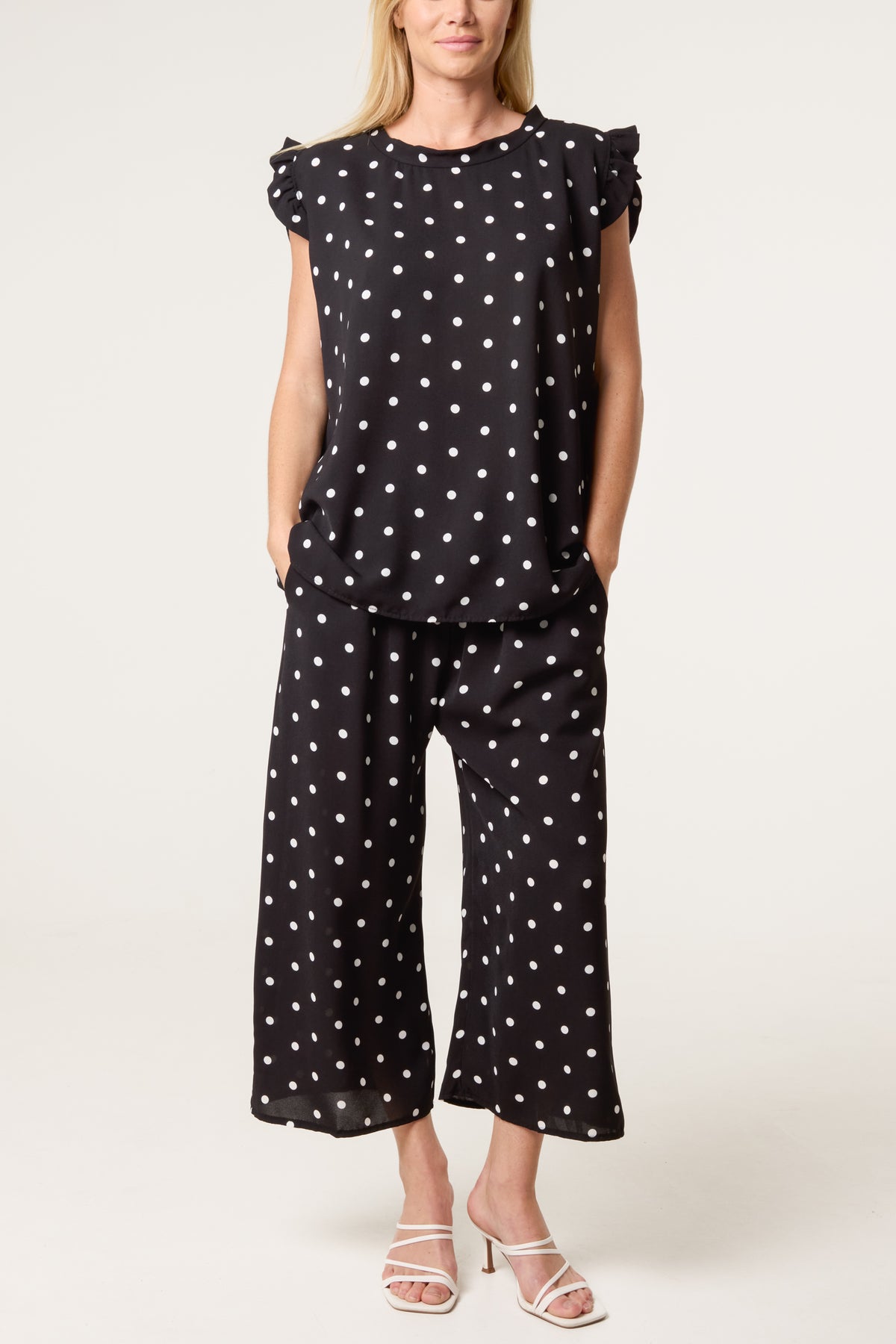 Polka Dot Frill Sleeve Top & Culotte Trousers