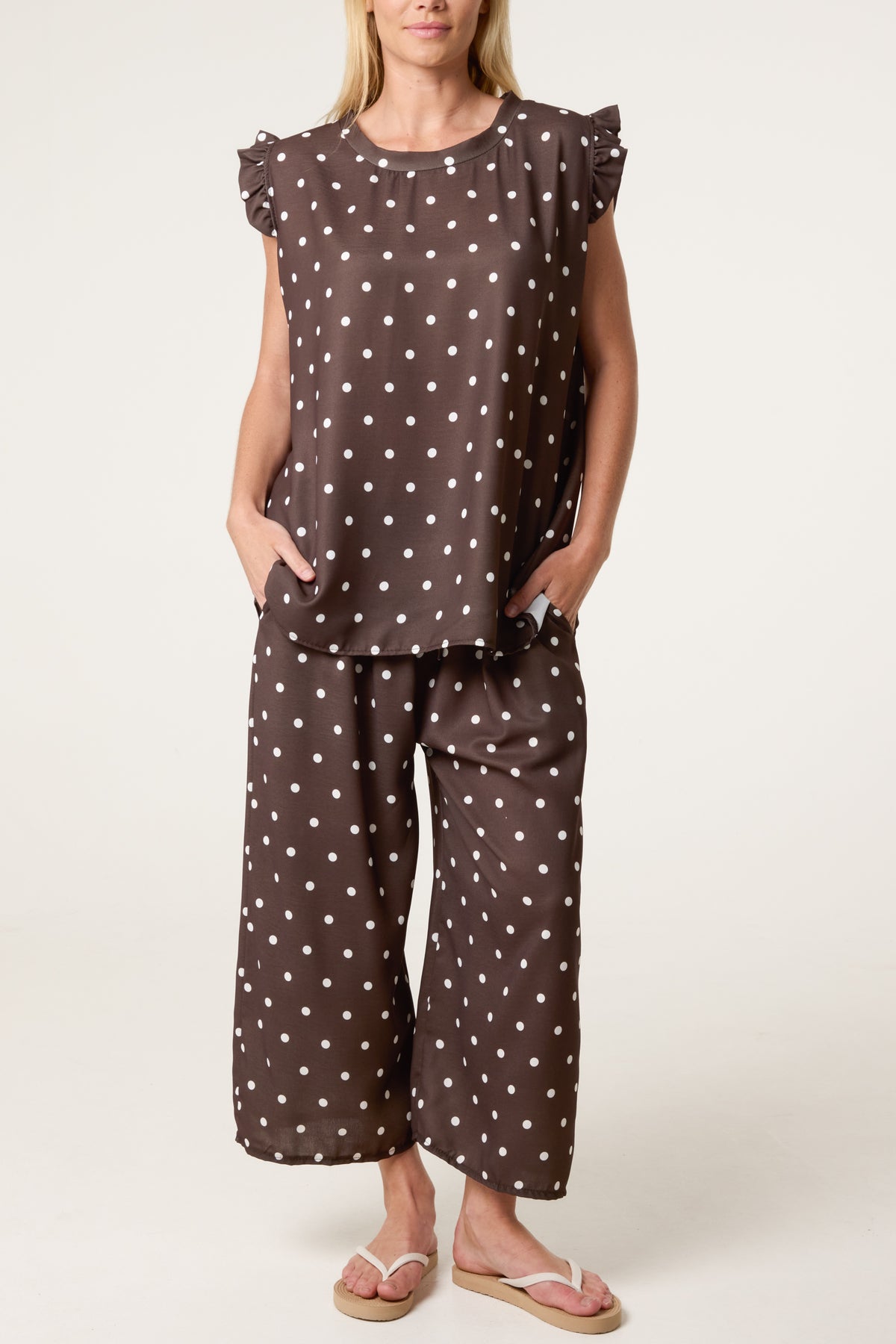 Polka Dot Frill Sleeve Top & Culotte Trousers