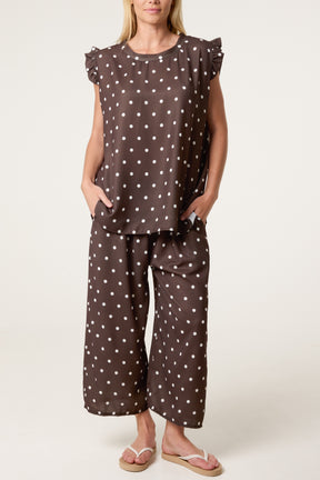 Polka Dot Frill Sleeve Top & Culotte Trousers