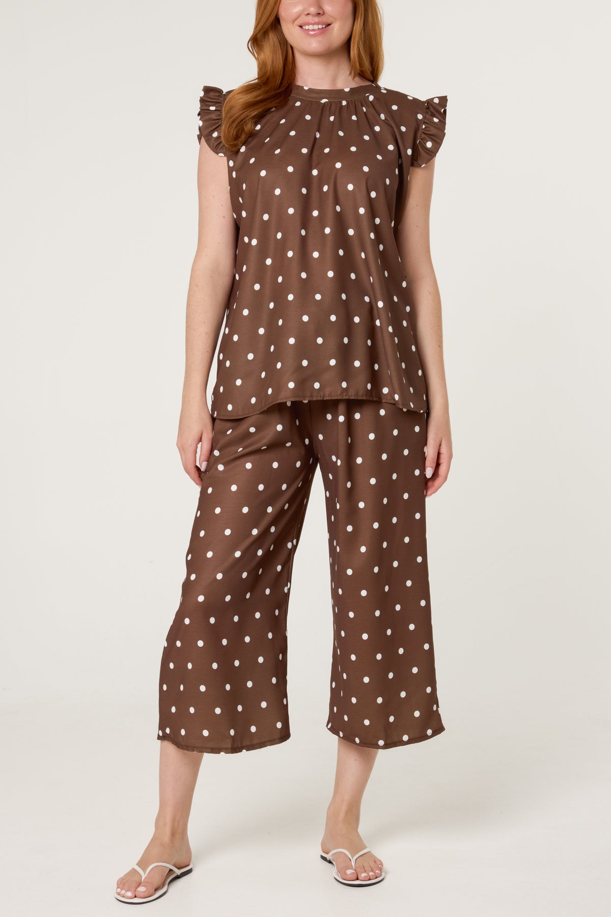 Polka Dot Frill Sleeve Top & Culotte Trousers
