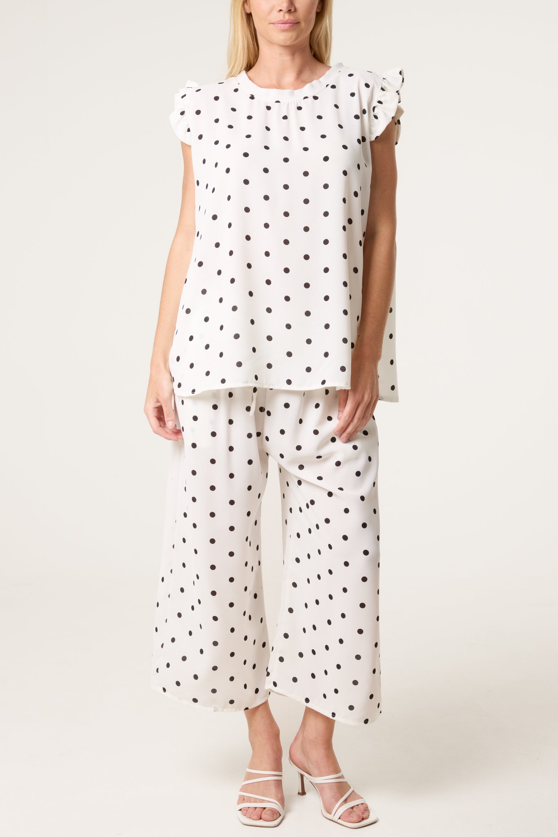 Polka Dot Frill Sleeve Top & Culotte Trousers