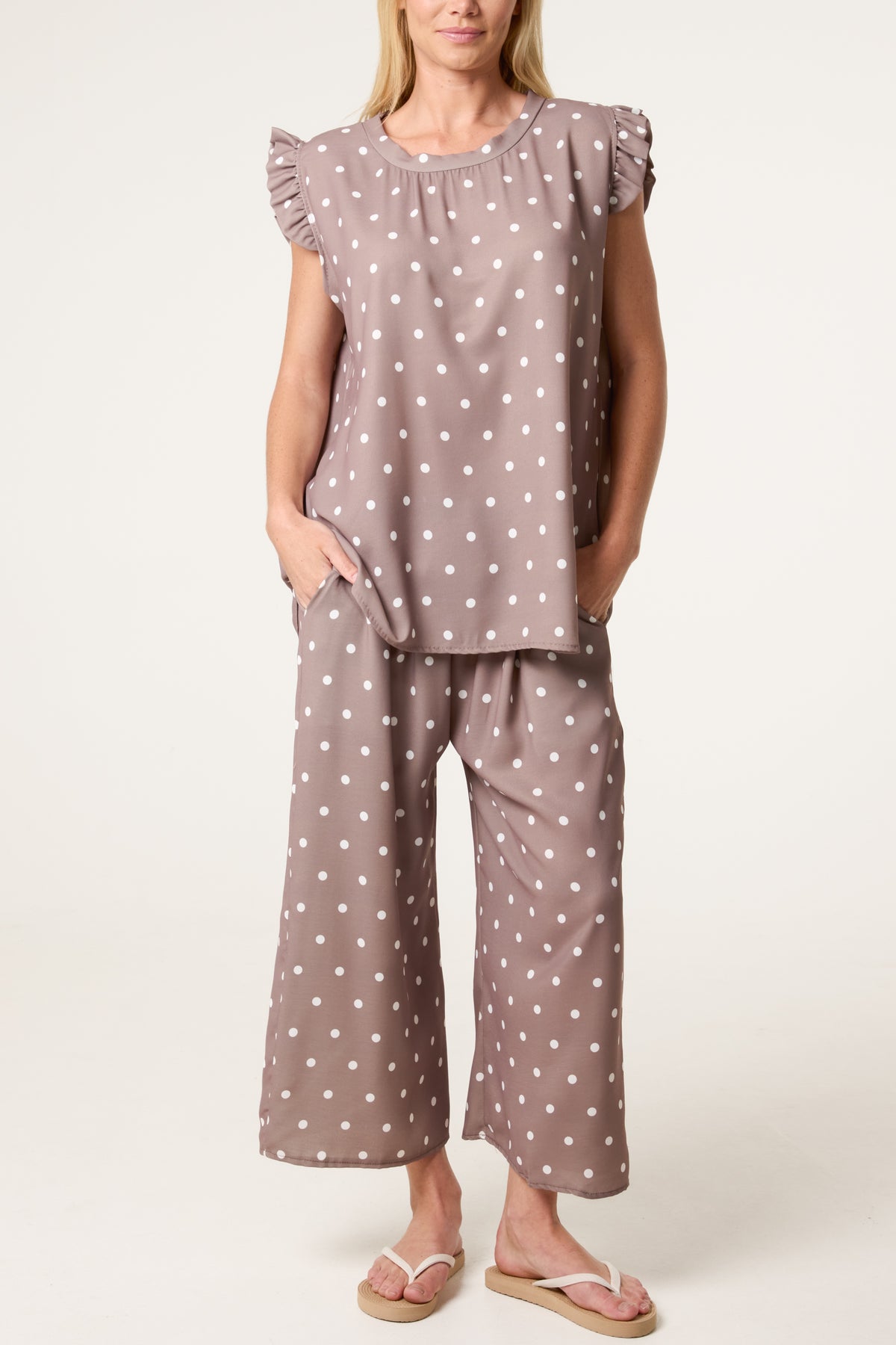 Polka Dot Frill Sleeve Top & Culotte Trousers