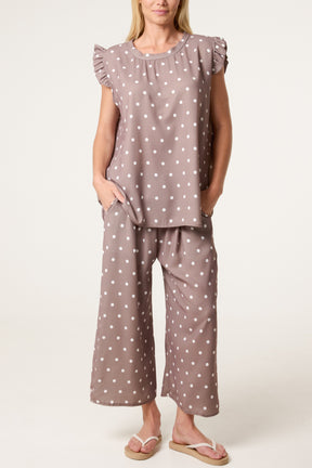 Polka Dot Frill Sleeve Top & Culotte Trousers