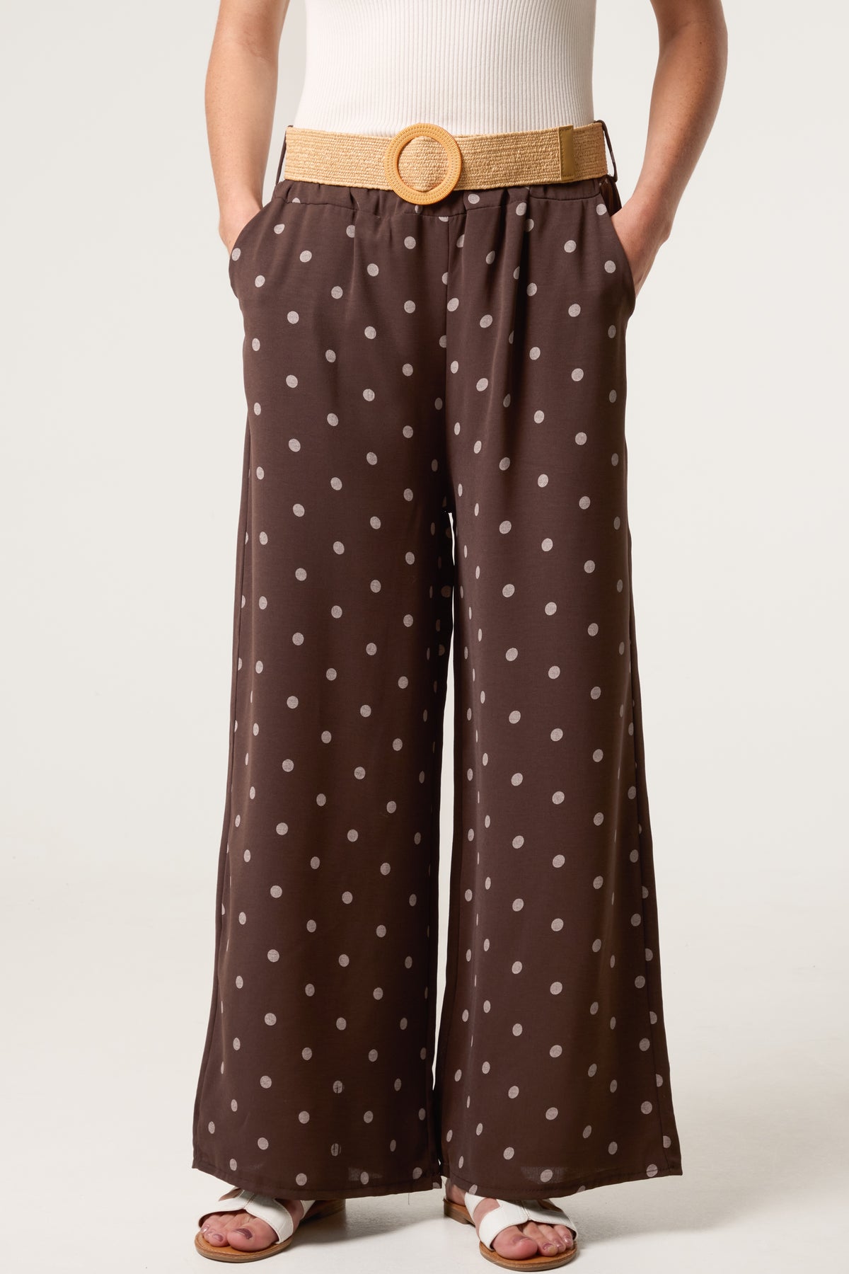 Belted Polka Dot Wide Leg Trousers