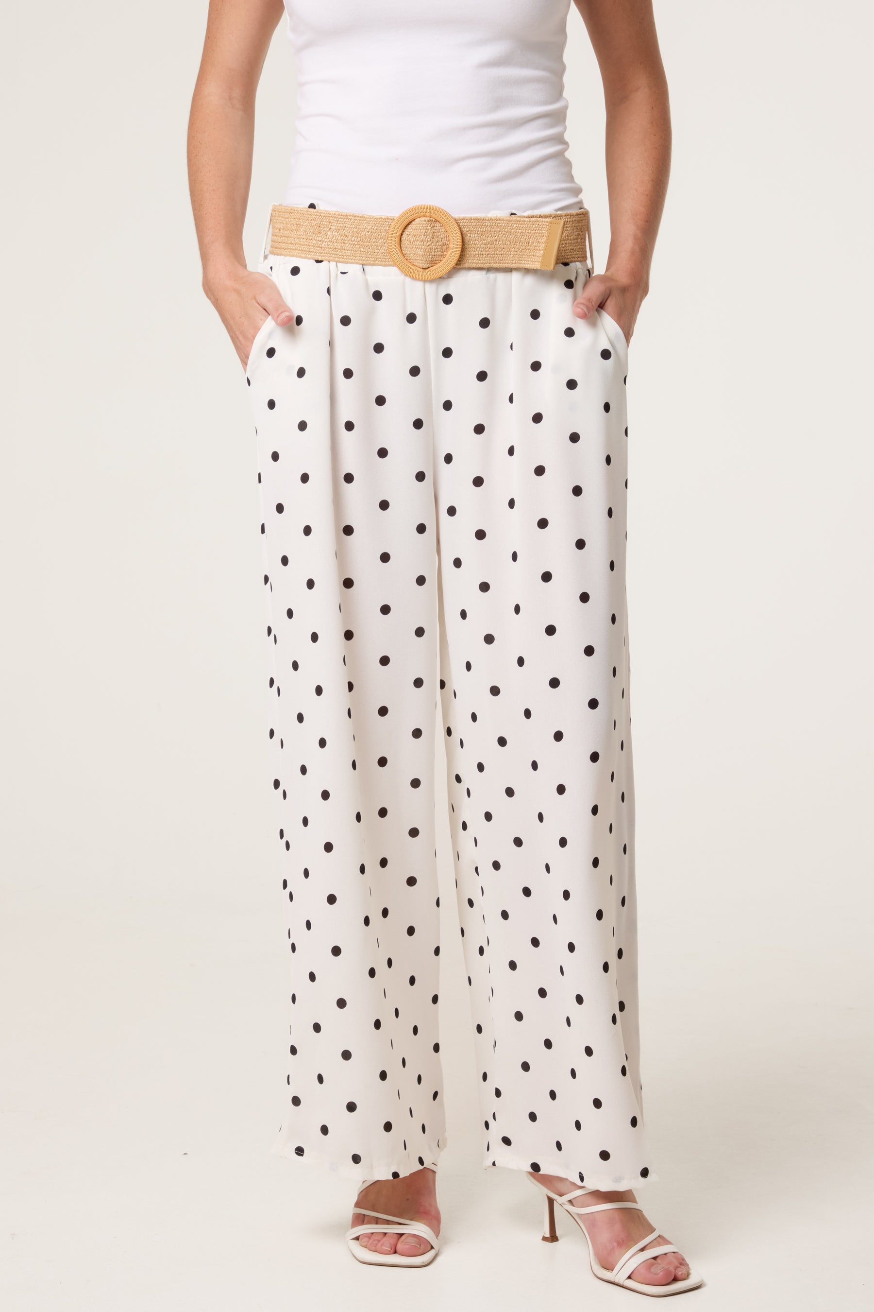 Belted Polka Dot Wide Leg Trousers