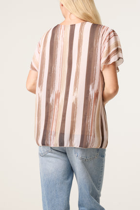 Paint Print Short Sleeve Pleated Top