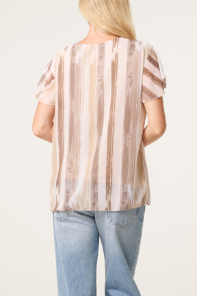 Paint Print Short Sleeve Pleated Top