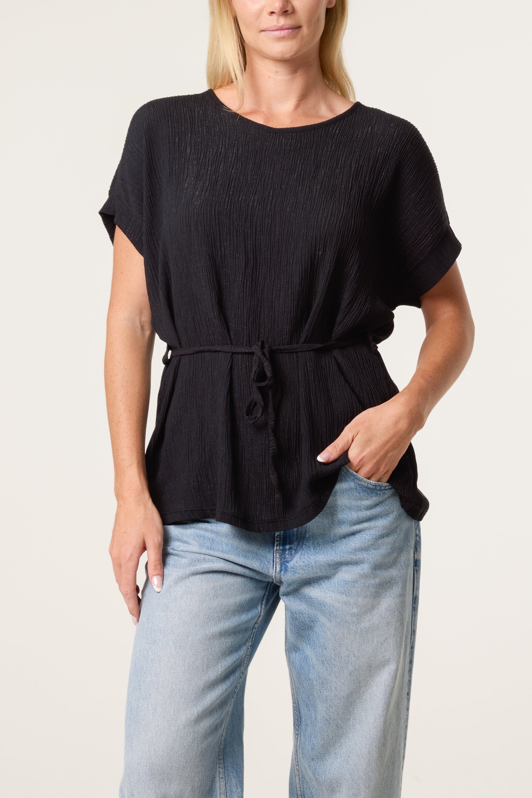 Crinkle Belted Wide Sleeve Top