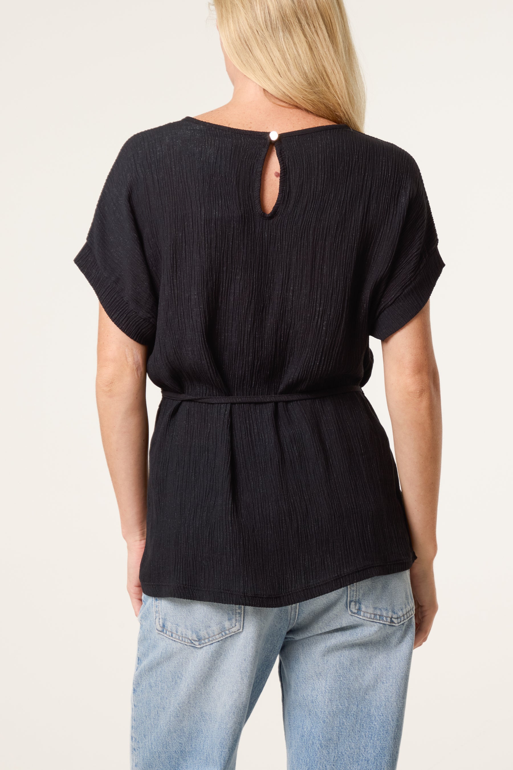 Crinkle Belted Wide Sleeve Top