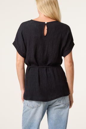 Crinkle Belted Wide Sleeve Top