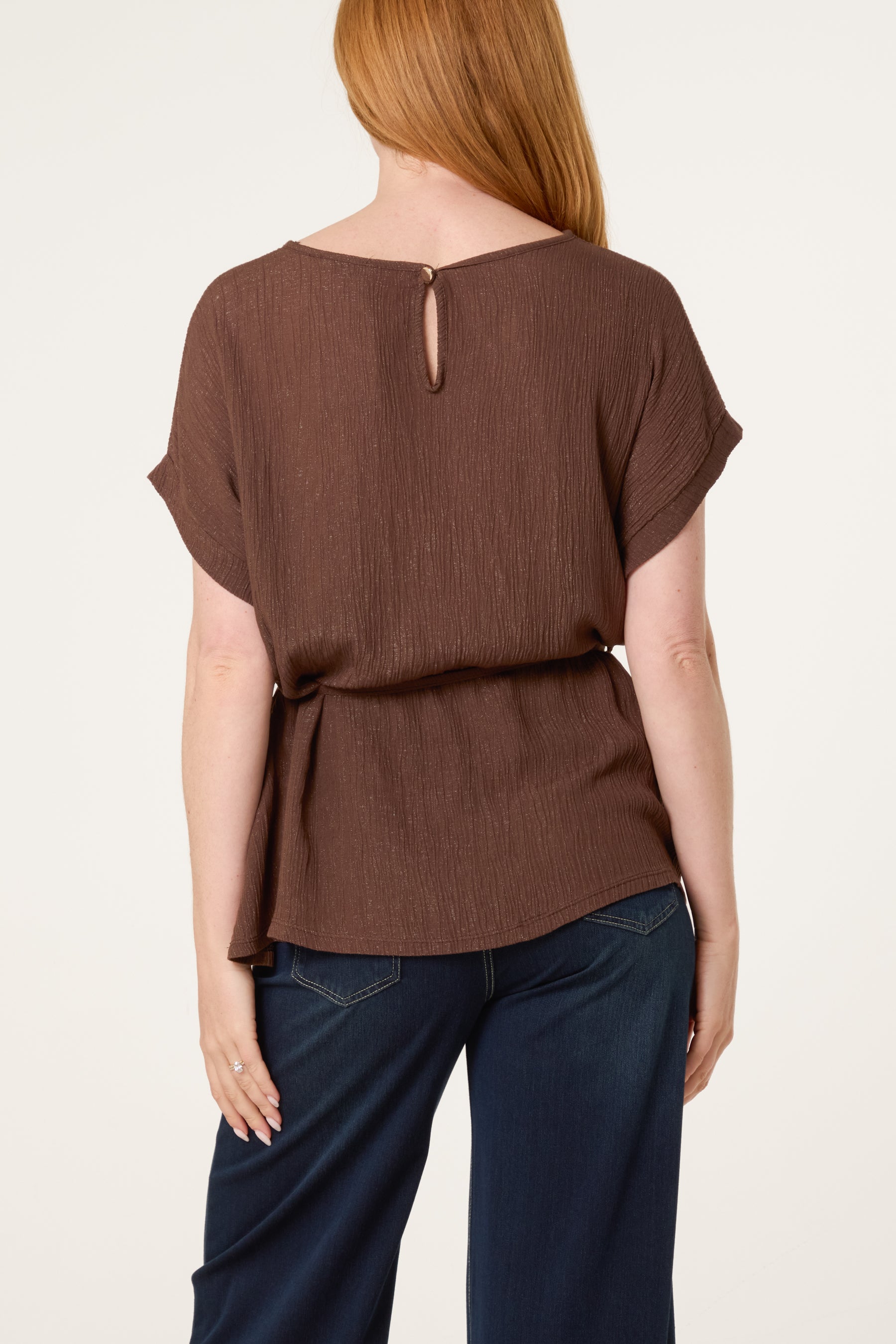 Crinkle Belted Wide Sleeve Top