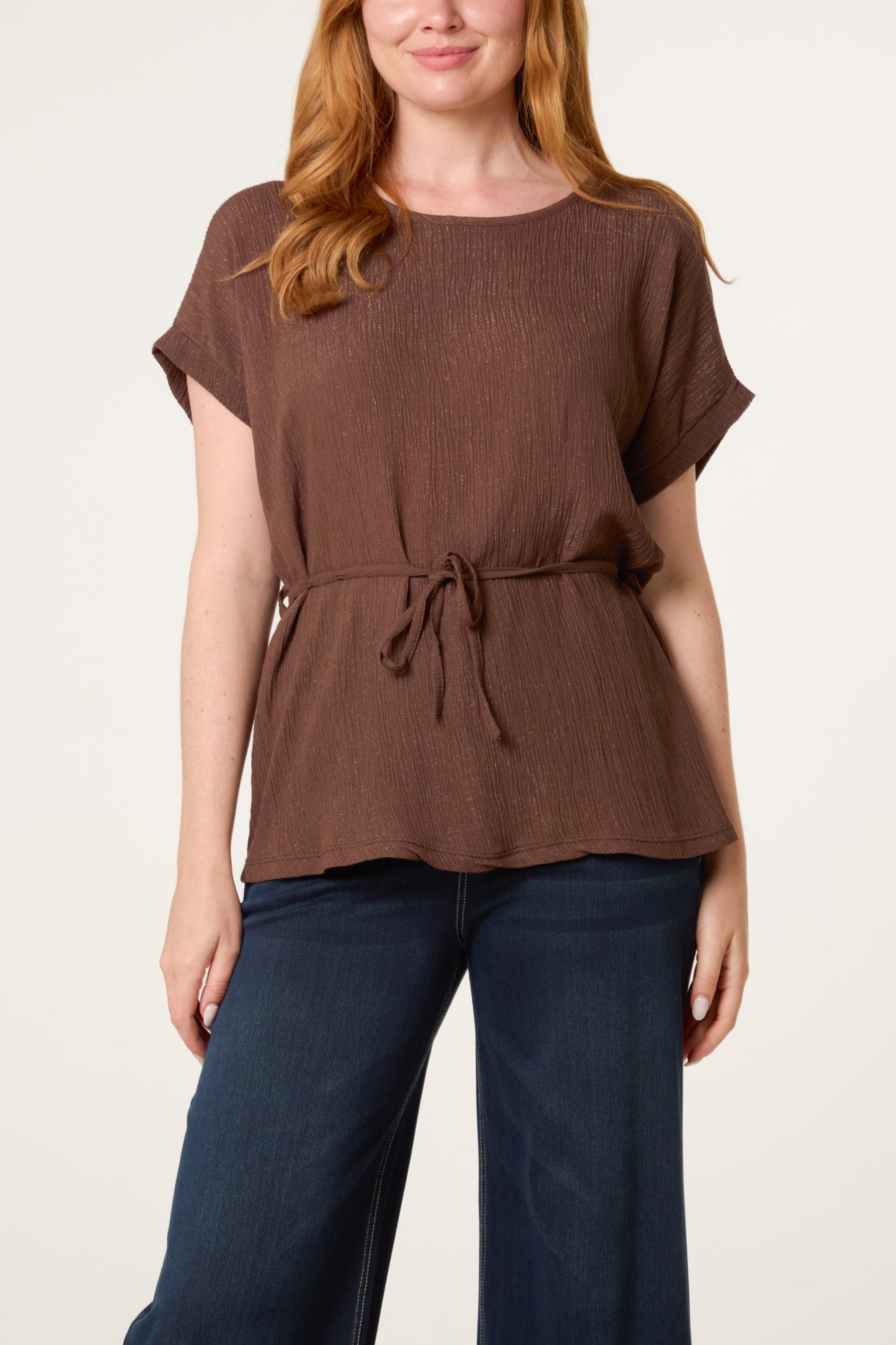 Crinkle Belted Wide Sleeve Top