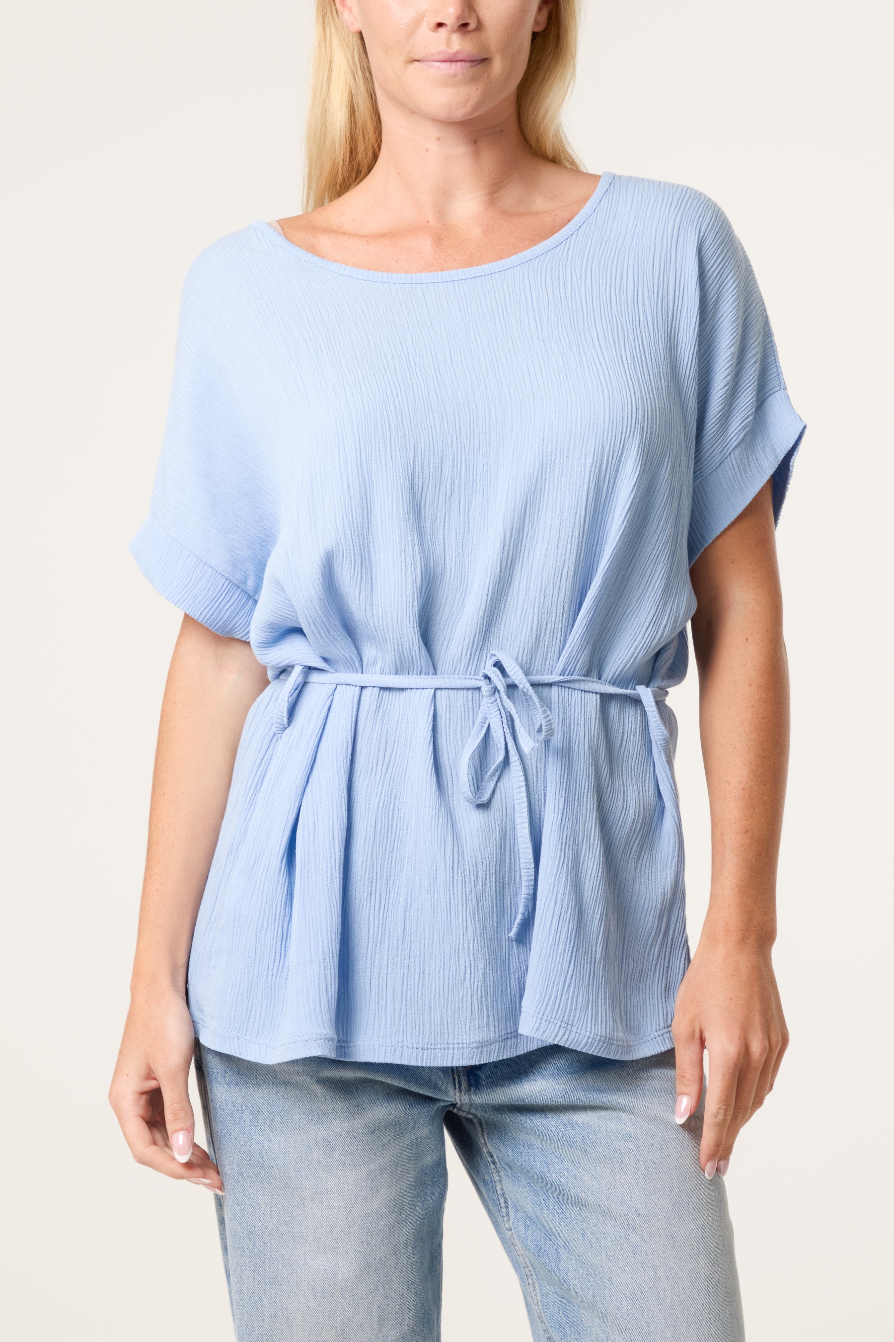Crinkle Belted Wide Sleeve Top