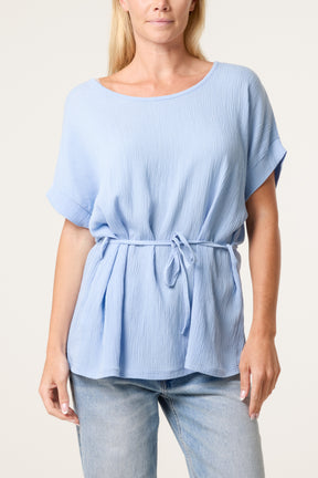 Crinkle Belted Wide Sleeve Top