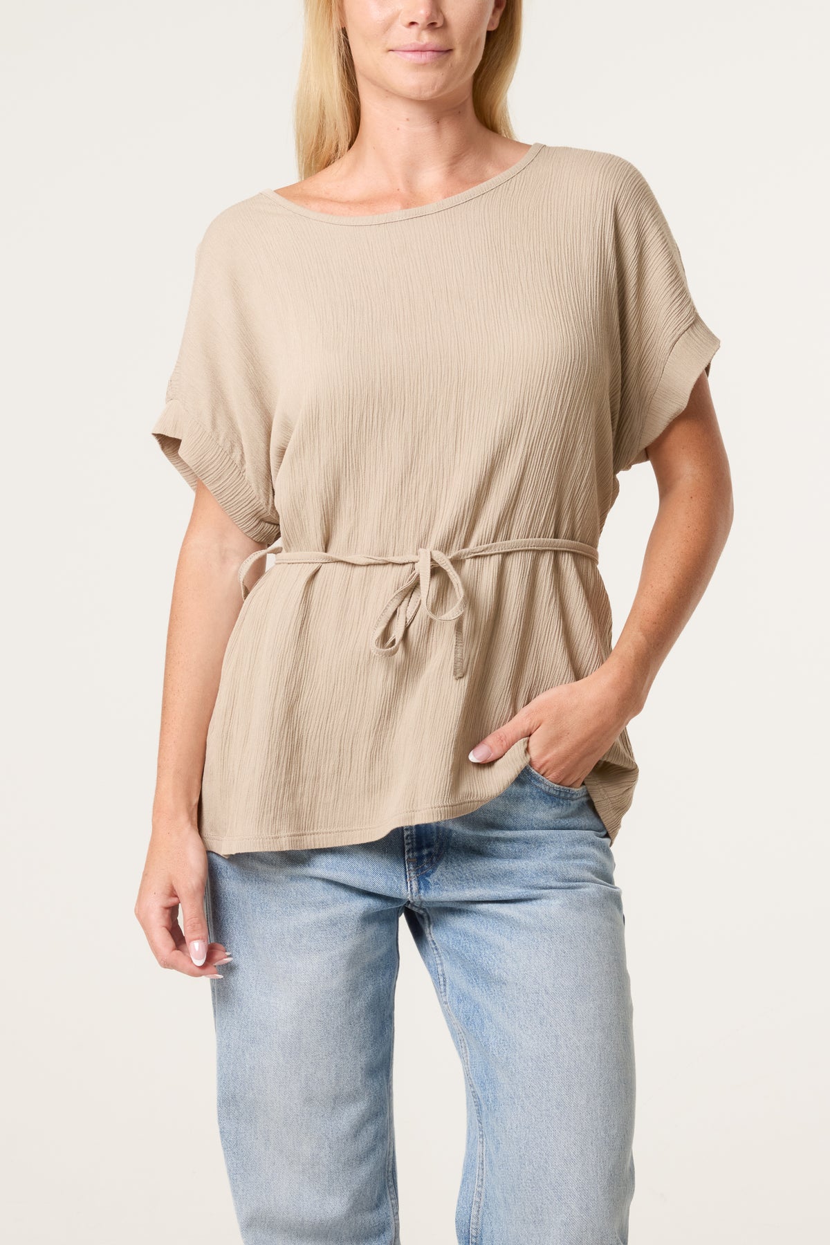 Crinkle Belted Wide Sleeve Top