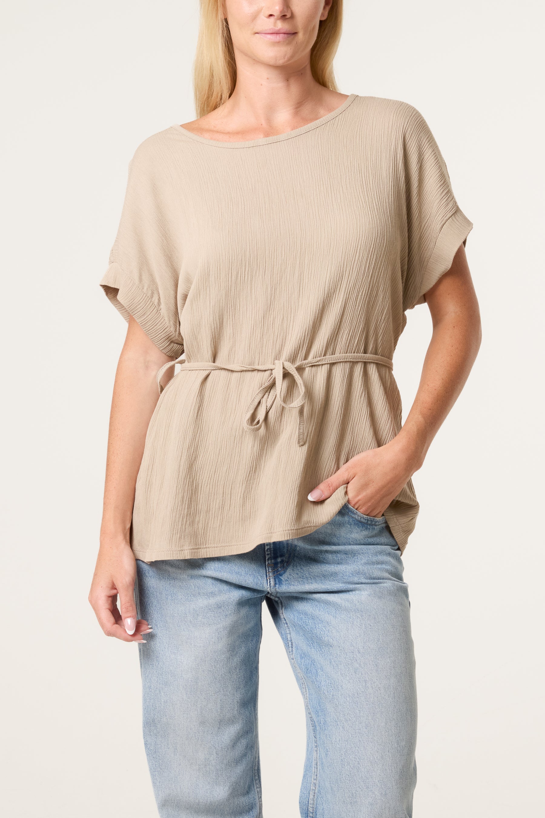Crinkle Belted Wide Sleeve Top