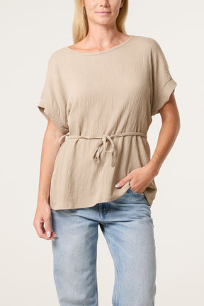 Crinkle Belted Wide Sleeve Top