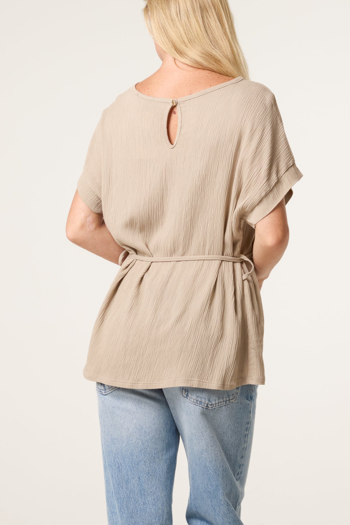 Crinkle Belted Wide Sleeve Top