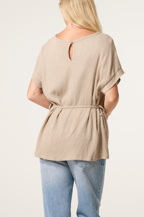 Crinkle Belted Wide Sleeve Top