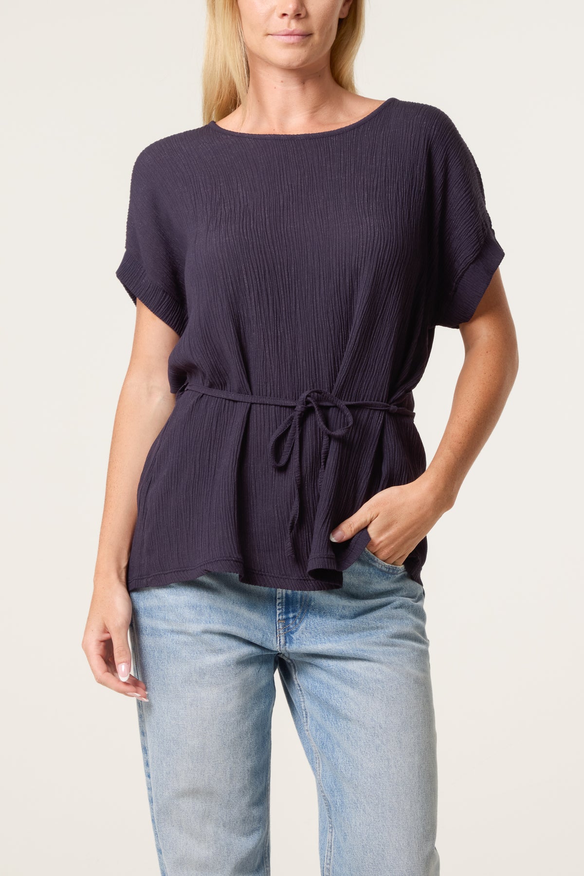 Crinkle Belted Wide Sleeve Top