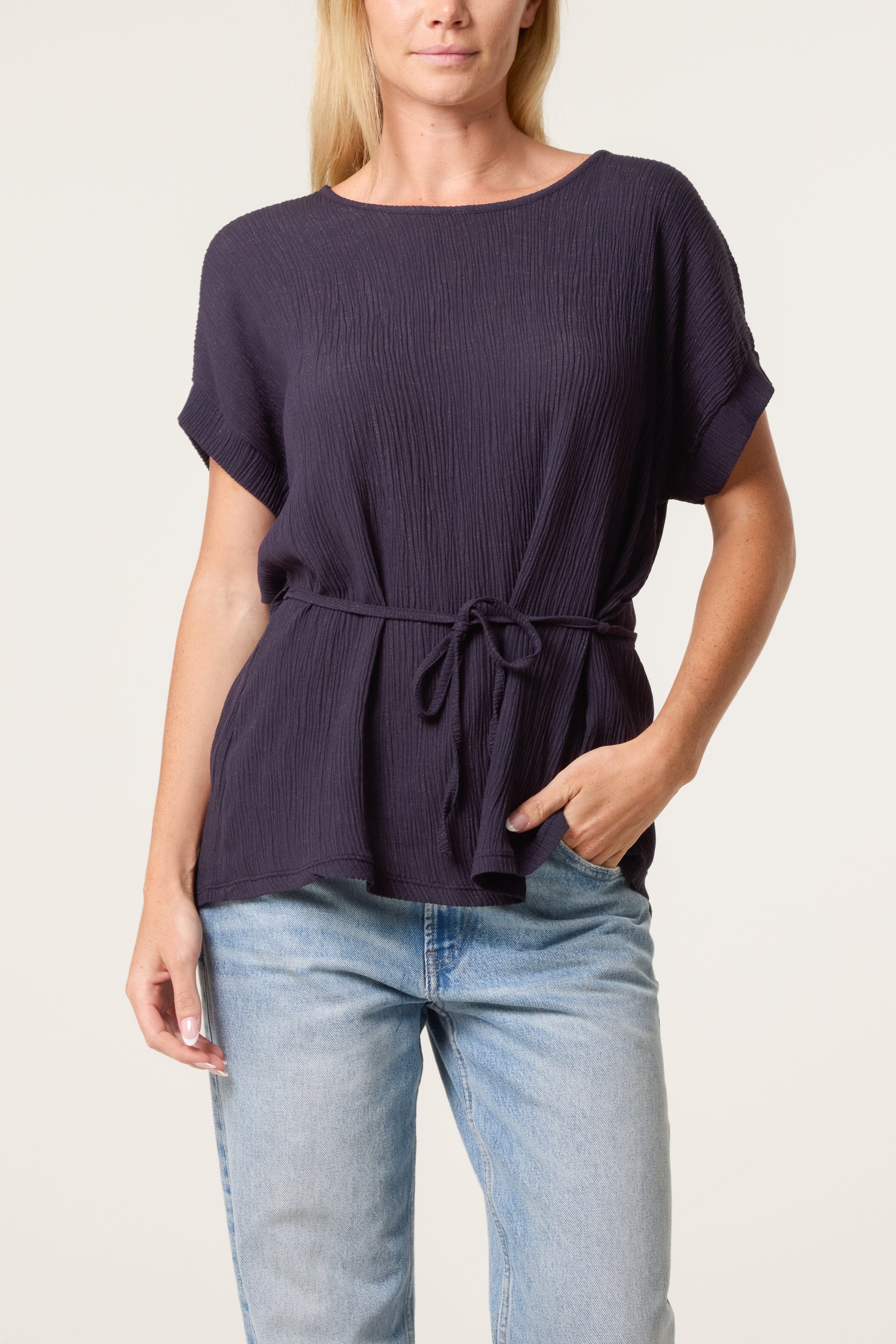 Crinkle Belted Wide Sleeve Top