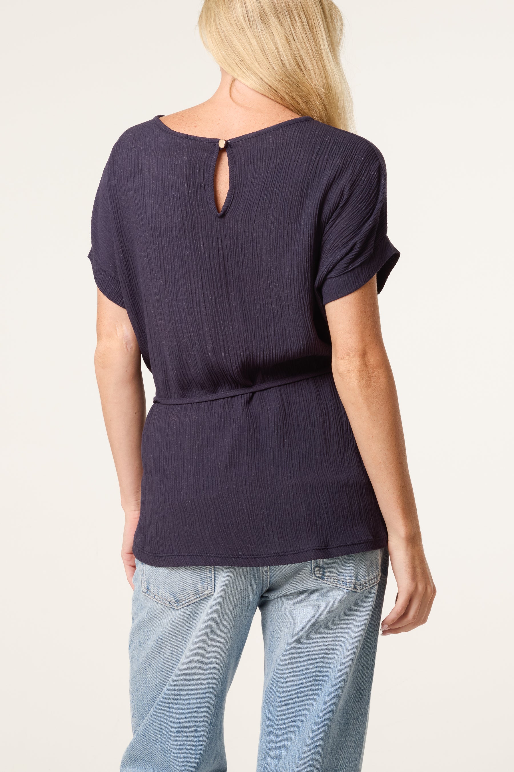 Crinkle Belted Wide Sleeve Top