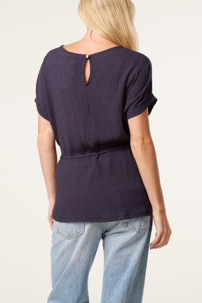 Crinkle Belted Wide Sleeve Top