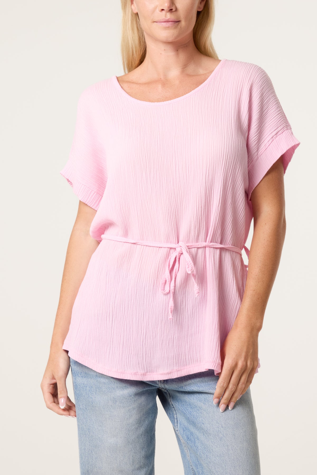 Crinkle Belted Wide Sleeve Top