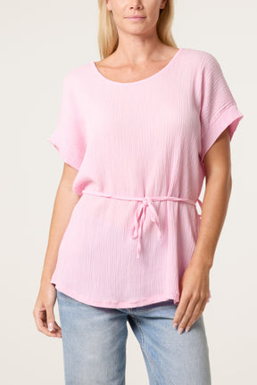Crinkle Belted Wide Sleeve Top