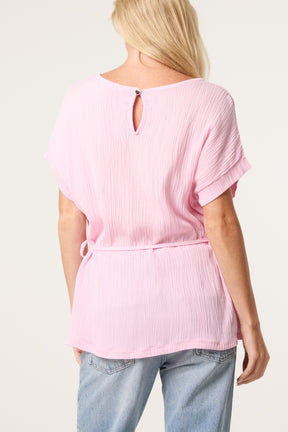 Crinkle Belted Wide Sleeve Top
