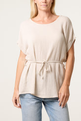 Crinkle Belted Wide Sleeve Top
