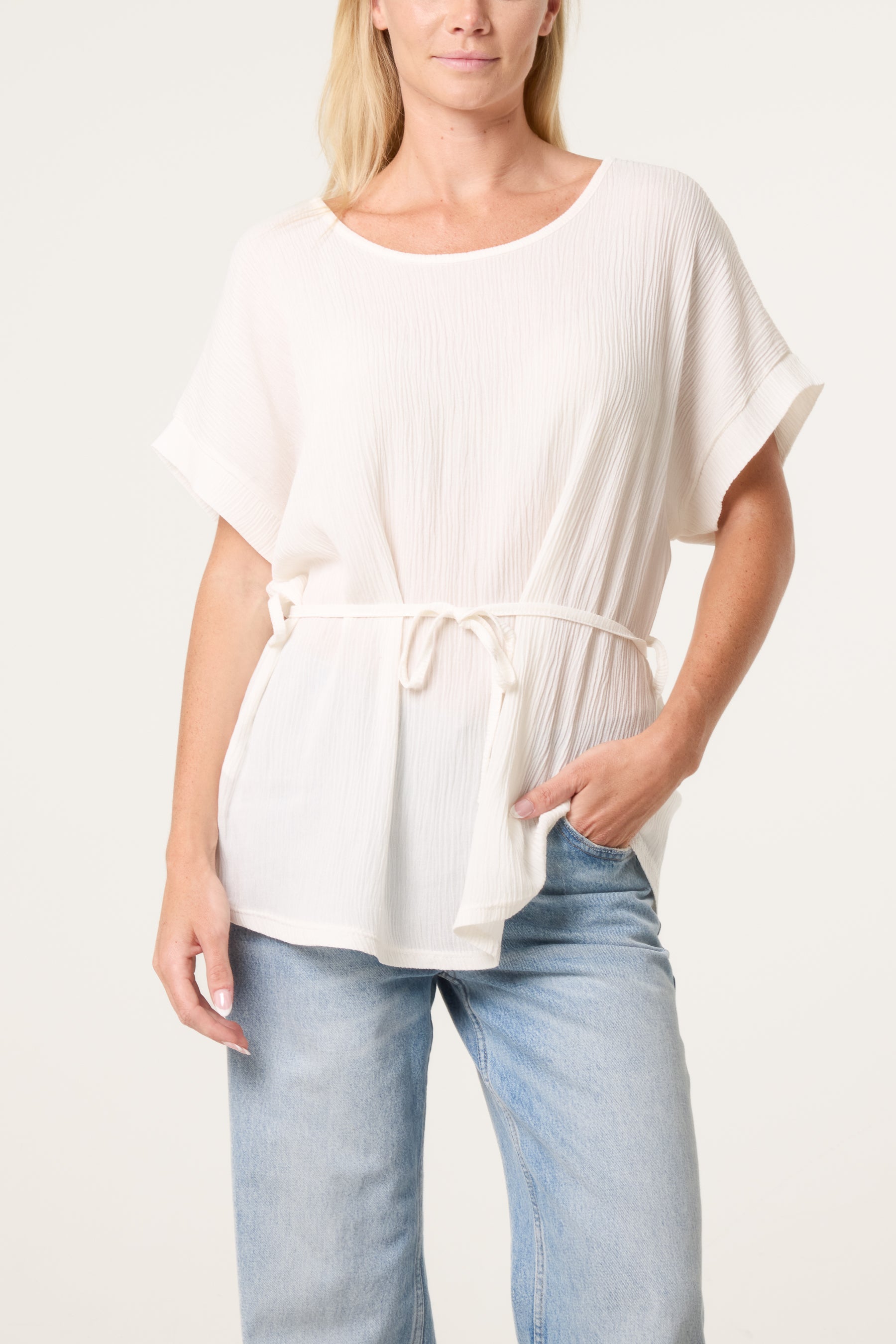 Crinkle Belted Wide Sleeve Top