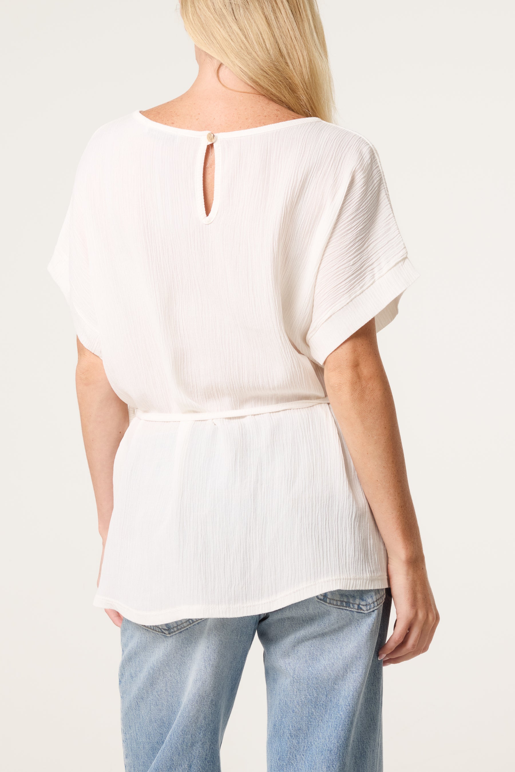 Crinkle Belted Wide Sleeve Top