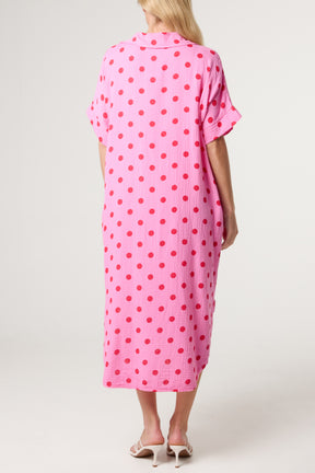 Collar Polka Dot Cotton Midi Dress
