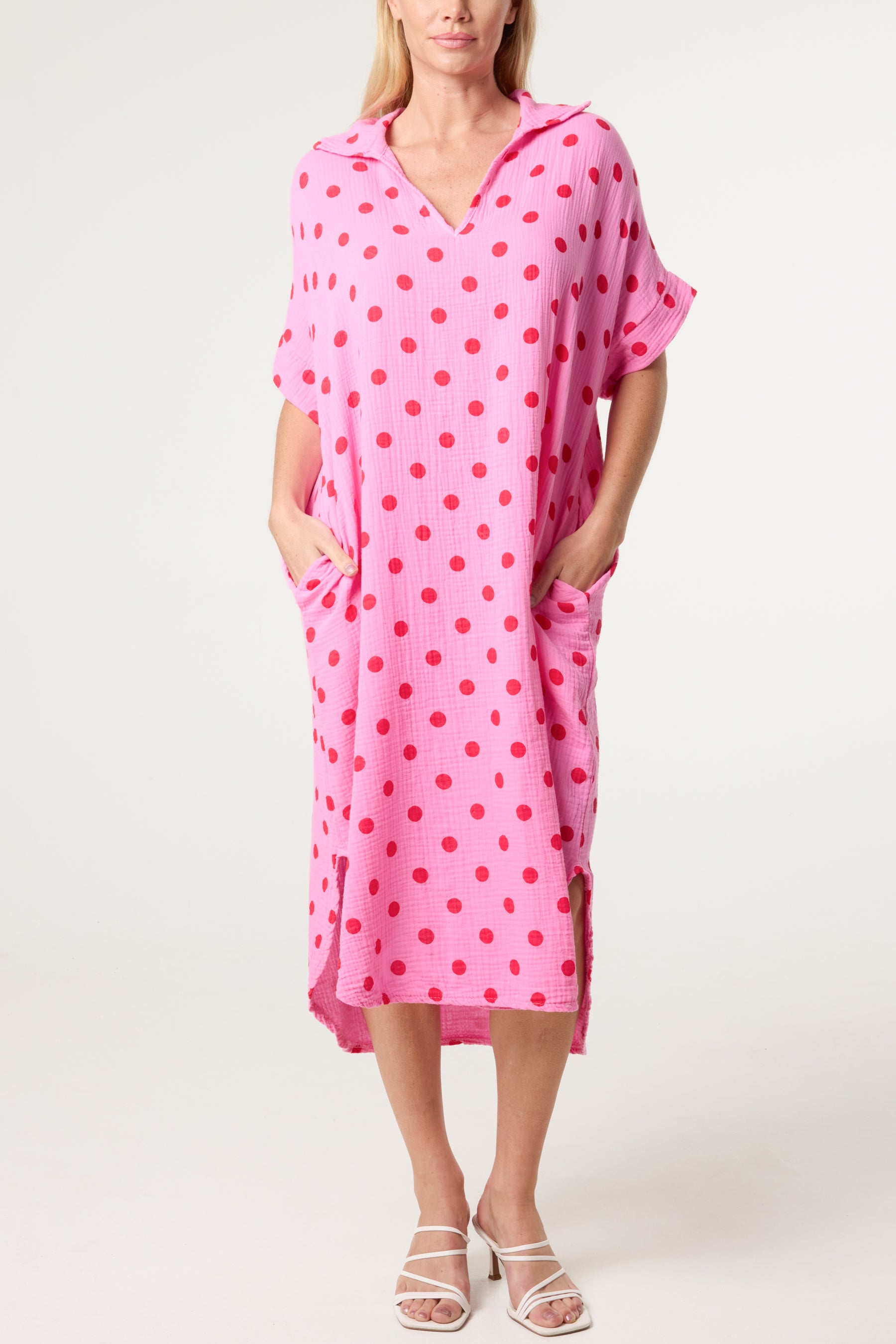 Collar Polka Dot Cotton Midi Dress