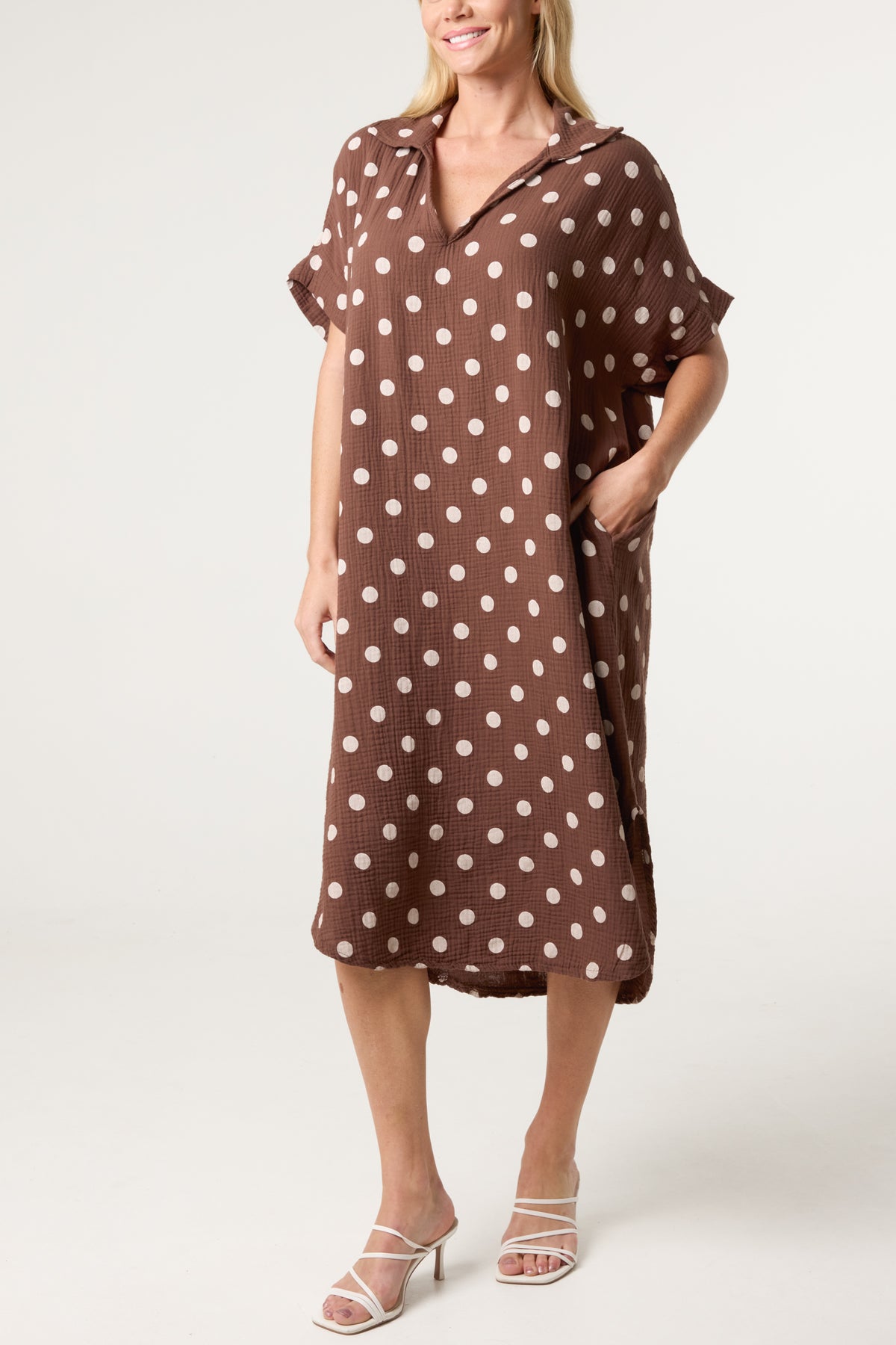 Collar Polka Dot Cotton Midi Dress