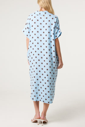 Collar Polka Dot Cotton Midi Dress