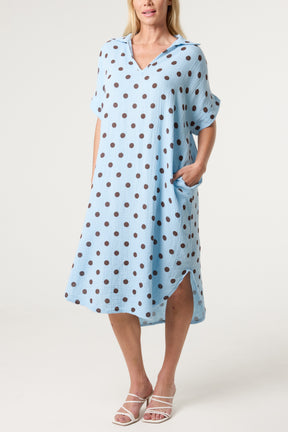 Collar Polka Dot Cotton Midi Dress